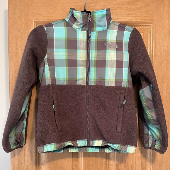 North Face Girl's Small Fleece Jacket Green/Blue Plaid Full Zip - Picture 1 of 10